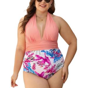imageCUPSHE Women V Neck One Piece Swimsuit Halter Backless Ruched Tummy Control Bathing SuitPsoft PinkWhite