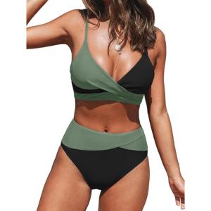 imageCUPSHE Womens Bikini Sets Two Piece Swimsuit High Waisted V Neck Twist Front Adjustable Spaghetti Straps Bathing SuitBlackGreen