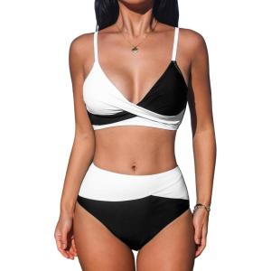 imageCUPSHE Womens Bikini Sets Two Piece Swimsuit High Waisted V Neck Twist Front Adjustable Spaghetti Straps Bathing SuitBlackWhite