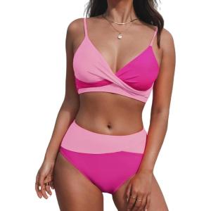 imageCUPSHE Womens Bikini Sets Two Piece Swimsuit High Waisted V Neck Twist Front Adjustable Spaghetti Straps Bathing SuitMagentaPink
