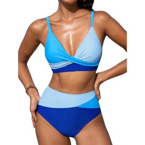 imageCUPSHE Womens Bikini Sets Two Piece Swimsuit High Waisted V Neck Twist Front Adjustable Spaghetti Straps Bathing SuitSky BlueAzure Blue
