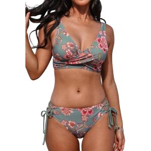 imageCUPSHE Womens Bikini Swimsuit Front Cross Lace Up Two Piece Bathing SuitGrey GreenRed