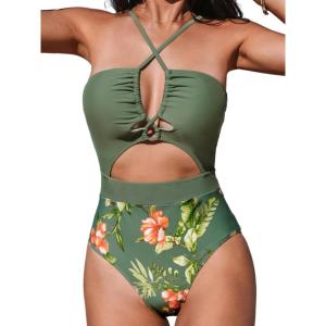 imageCUPSHE Womens One Piece Swimsuit Plunge Neckline Cutout Criss Cross Bathing SuitGreenOrange