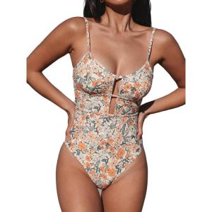 imageCUPSHE Womens One Piece Swimsuit Scoop Neck Adjustable Straps Cutout Back Self Tie Bathing SuitYellowDitsy Floral