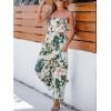 imageCUPSHE Summer Women Slip Ruching Smocked Jumpsuit Pants Square Neck Speghetti Straps Loose Waisted MaxiGreen Floral