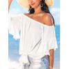 imageCUPSHE Women Tops Boho OffShoulder Neck Ruffle Sleeve Blouse Short Sleeve Tee Shirt Casual SummerWhite