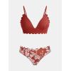 imageCUPSHE Womens Bikini Swimsuit Scalloped V Neck Lace Up Low Waisted Bathing SuitRedWhite Floral