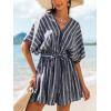 imageCUPSHE Womens Jumpsuits Boho Short Sleeve V Neck Wide Leg Overall Tie Outfit Casual BeachBlack Stripe