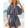 imageCUPSHE Womens Jumpsuits Boho Short Sleeve V Neck Wide Leg Overall Tie Outfit Casual BeachBlack Stripe