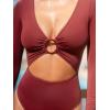 imageCUPSHE Womens One Piece Swimsuit Rash Guard Long Sleeve Cutout UPF 50 UV Deep V Neck ORingRed