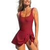 imageCUPSHE Womens One Piece Swimsuit Bathing Suit Scoop Neck Swimdress Wide Straps Tie Knot Swim SkirtSolid Red