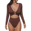 imageCUPSHE Womens One Piece Swimsuit Rash Guard Long Sleeve Cutout UPF 50 UV Deep V Neck ORingBurgundy Red