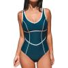 imageCUPSHE Womens One Piece Swimsuit Scoop Neck Bathing Suit Color Block Adjustable Wide StrapsTeal Blue