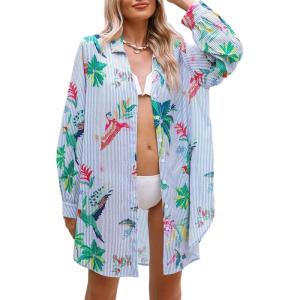 imageCUPSHE Dress Button Down Shirt Dress Long Sleeve Blouse Top Leopard PrintBlue Floral