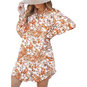 imageCUPSHE Dress Button Down Shirt Dress Long Sleeve Blouse Top Leopard PrintOrange Paisley