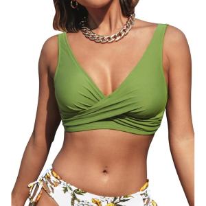 imageCUPSHE Women Swimsuit Bikini Top Wrap Self Tie Bathing Suit with Fixed Wide StrapsOlive Green