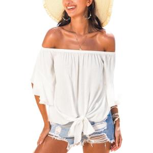 imageCUPSHE Women Tops Boho OffShoulder Neck Ruffle Sleeve Blouse Short Sleeve Tee Shirt Casual SummerWhite