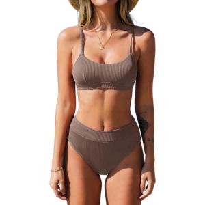 imageCUPSHE Womens Bikini Set Two Piece Swimsuit High Waisted Scoop Neck SwimwearChocolate Brown