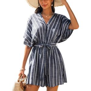 imageCUPSHE Womens Jumpsuits Boho Short Sleeve V Neck Wide Leg Overall Tie Outfit Casual BeachBlack Stripe