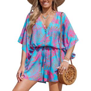 imageCUPSHE Womens Jumpsuits Boho Short Sleeve V Neck Wide Leg Overall Tie Outfit Casual BeachBluePink Leaves