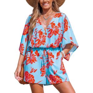 imageCUPSHE Womens Jumpsuits Boho Short Sleeve V Neck Wide Leg Overall Tie Outfit Casual BeachRed Flower