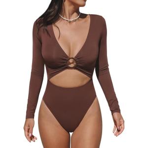imageCUPSHE Womens One Piece Swimsuit Rash Guard Long Sleeve Cutout UPF 50 UV Deep V Neck ORingBurgundy Red