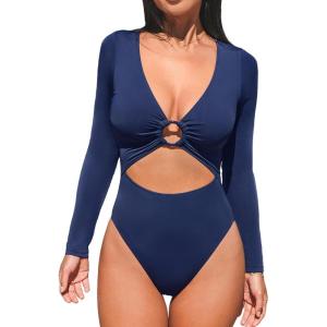 imageCUPSHE Womens One Piece Swimsuit Rash Guard Long Sleeve Cutout UPF 50 UV Deep V Neck ORingDark Navy Blue