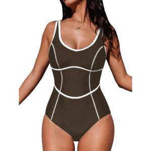 imageCUPSHE Womens One Piece Swimsuit Scoop Neck Bathing Suit Color Block Adjustable Wide StrapsBrown