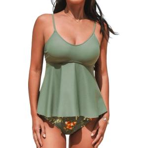imageCUPSHE Womens Tankini Sets Two Piece Swimsuit Scoop Neck Mid Rise Adjustable Straps Ruffled HemOlive GreenFloral