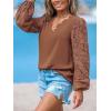 imageCUPSHE Women Floral Lace Scalloped Top Long Sleeve Shirts V Neck BlousesBrown