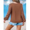 imageCUPSHE Women Floral Lace Scalloped Top Long Sleeve Shirts V Neck BlousesBrown