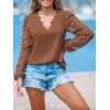 imageCUPSHE Women Floral Lace Scalloped Top Long Sleeve Shirts V Neck BlousesBrown