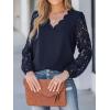 imageCUPSHE Women Floral Lace Scalloped Top Long Sleeve Shirts V Neck BlousesNavy