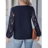 imageCUPSHE Women Floral Lace Scalloped Top Long Sleeve Shirts V Neck BlousesNavy