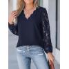 imageCUPSHE Women Floral Lace Scalloped Top Long Sleeve Shirts V Neck BlousesNavy