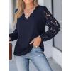 imageCUPSHE Women Floral Lace Scalloped Top Long Sleeve Shirts V Neck BlousesNavy