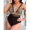 imageCUPSHE Women Plus Size One Piece Swimsuit V Neck Mesh Sheer Tummy Control Bathing Suit with Adjustable Wide StrapsBlack Leopard