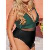 imageCUPSHE Women Plus Size One Piece Swimsuit V Neck Mesh Sheer Tummy Control Bathing Suit with Adjustable Wide StrapsBlackGreen