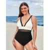 imageCUPSHE Women Plus Size One Piece Swimsuit V Neck Mesh Sheer Tummy Control Bathing Suit with Adjustable Wide StrapsWhiteBlack