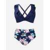 imageCUPSHE Women Swimsuit Plus Size Bikini Set High Waisted Ruffled Front Self Tie Back Ruched Bathing SuitIndigo BlueFloral