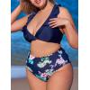 imageCUPSHE Women Swimsuit Plus Size Bikini Set High Waisted Ruffled Front Self Tie Back Ruched Bathing SuitIndigo BlueFloral