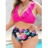 imageCUPSHE Women Swimsuit Plus Size Bikini Set High Waisted Ruffled Front Self Tie Back Ruched Bathing SuitMagentaBlack Floral