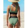 imageCUPSHE Womens Bikini Sets Two Piece Swimsuit Scoop Neck Tank Wide Straps Midkini StitchingGreenBlack