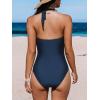 imageCUPSHE Womens One Piece Swimsuit Tummy Control Bathing Suit Halter Deep V Neck Sculpting Ruching Adjustable StrapsNavy Blue
