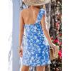 imageCUPSHE Womens One Shoulder Leaf Print Selftie Short Dress Sleeveless Tiered Hem Formal Dress Casual Mini DressBlue