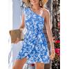 imageCUPSHE Womens One Shoulder Leaf Print Selftie Short Dress Sleeveless Tiered Hem Formal Dress Casual Mini DressBlue