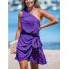 imageCUPSHE Womens One Shoulder Leaf Print Selftie Short Dress Sleeveless Tiered Hem Formal Dress Casual Mini DressBlue Paisley