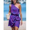 imageCUPSHE Womens One Shoulder Leaf Print Selftie Short Dress Sleeveless Tiered Hem Formal Dress Casual Mini DressBlue Paisley