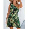 imageCUPSHE Womens One Shoulder Leaf Print Selftie Short Dress Sleeveless Tiered Hem Formal Dress Casual Mini DressDark Green