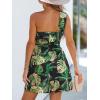 imageCUPSHE Womens One Shoulder Leaf Print Selftie Short Dress Sleeveless Tiered Hem Formal Dress Casual Mini DressDark Green